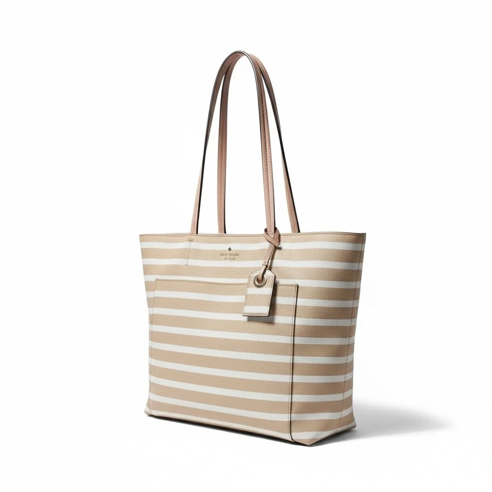 ✨ Kate Spade Striped Leather Tote – Chic Neutrals | EUC Exterior ✨